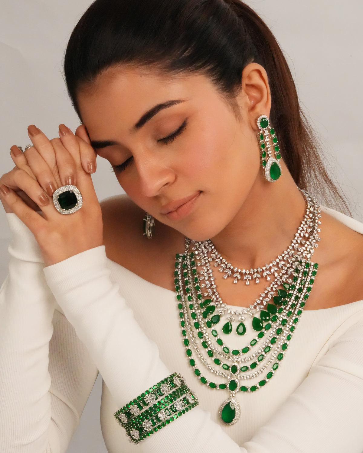 Silver finish multi strand necklace with drop earrings