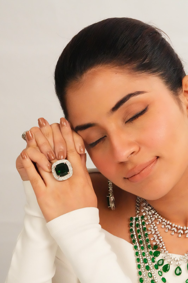 Emerald green cushion cut statement ring