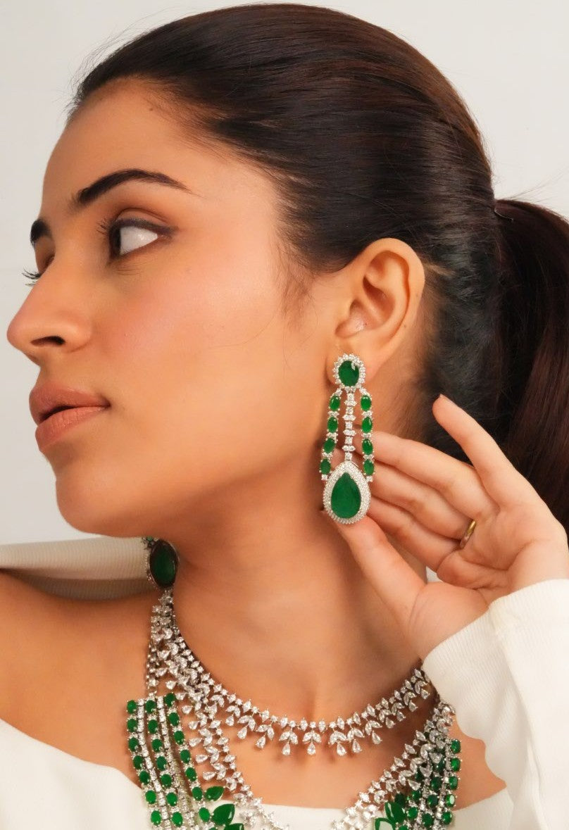 Silver finish multi strand necklace with drop earrings