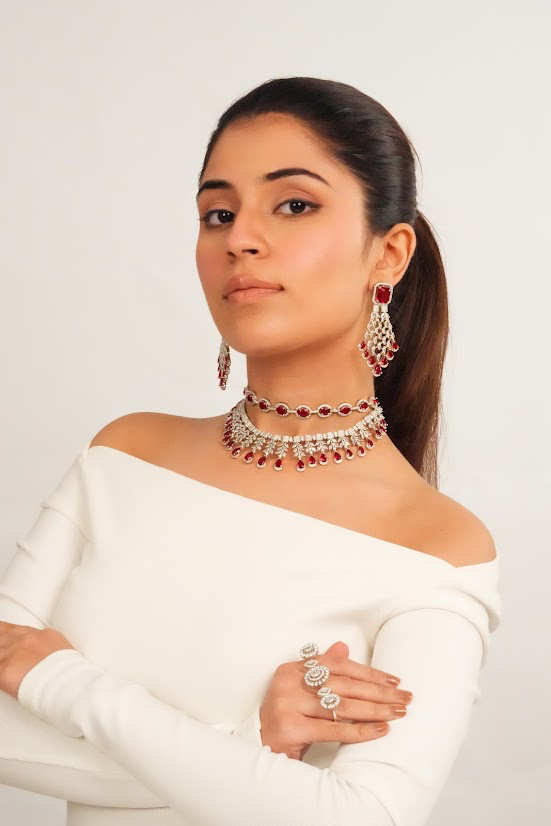 Silver finish red AD necklace  with earrings