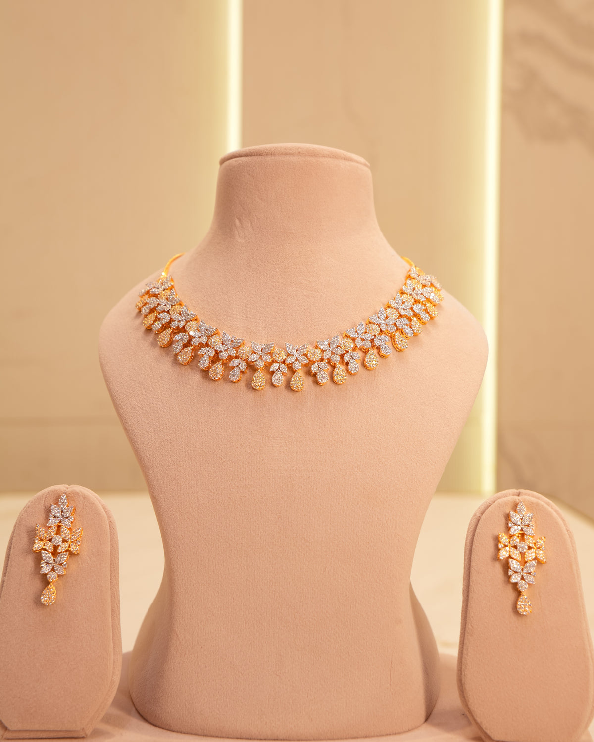 New Arrival – Two-Tone Floral Drop American Diamond Necklace Set