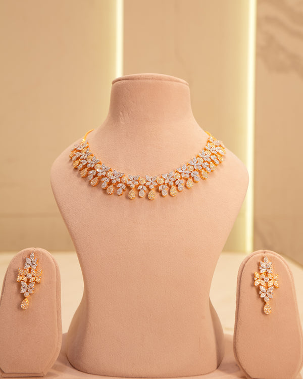 New Arrival – Two-Tone Floral Drop American Diamond Necklace Set