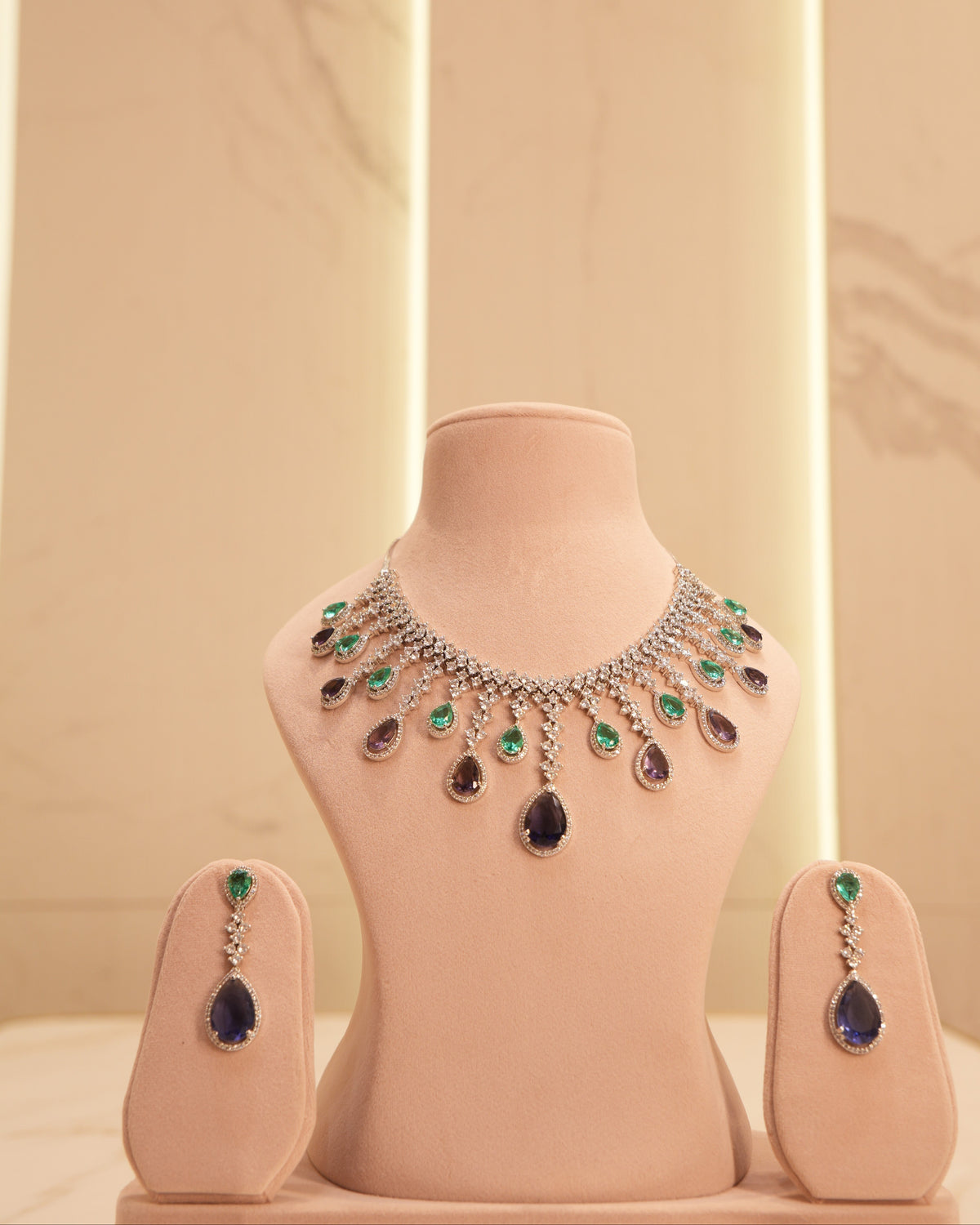 Sapphire Emerald Fringe American Diamond Necklace Set
