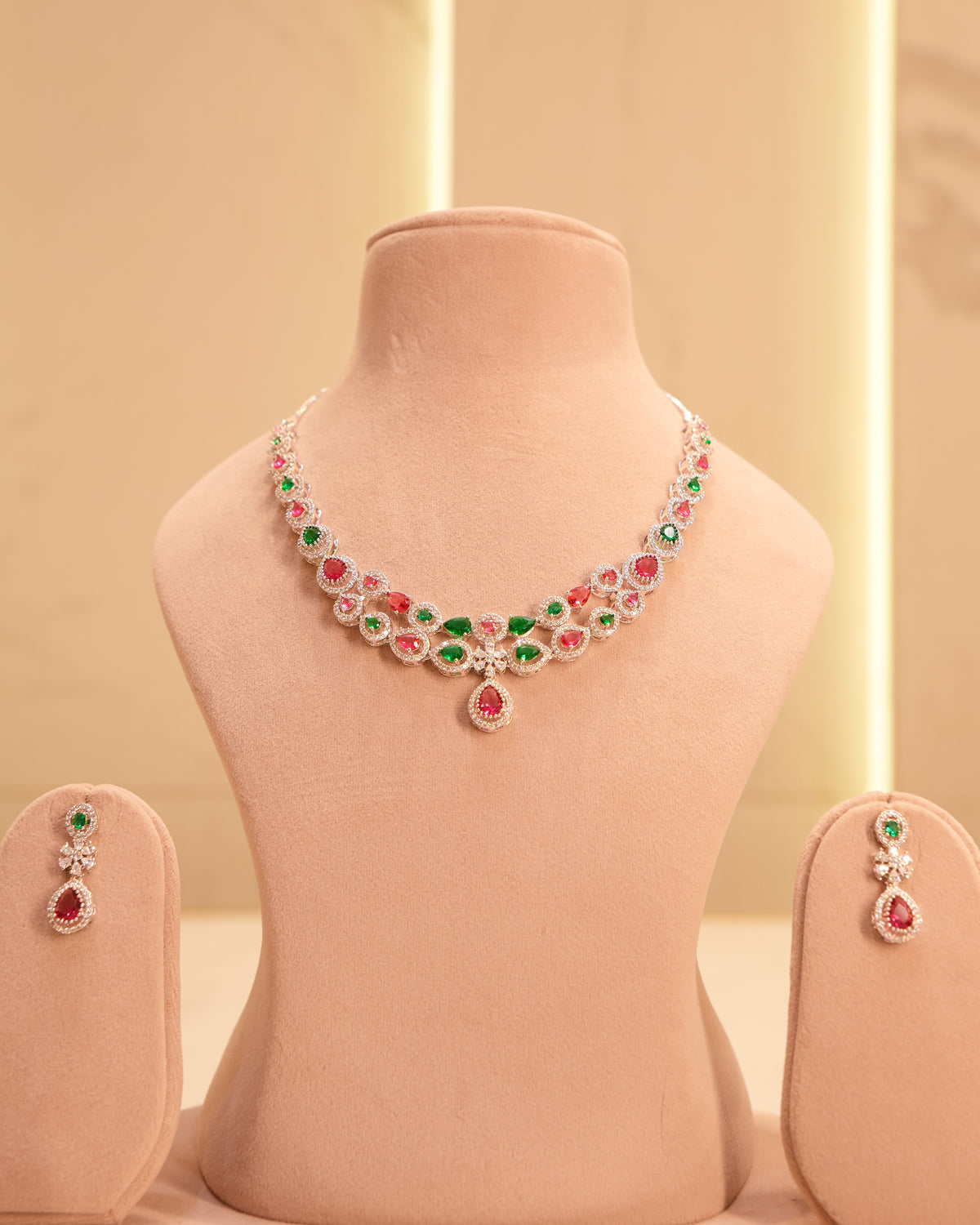 Ruby Emerald American Diamond Necklace Set