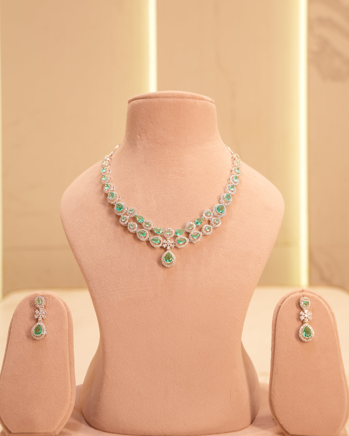New Arrival – Emerald Drop American Diamond Necklace Set