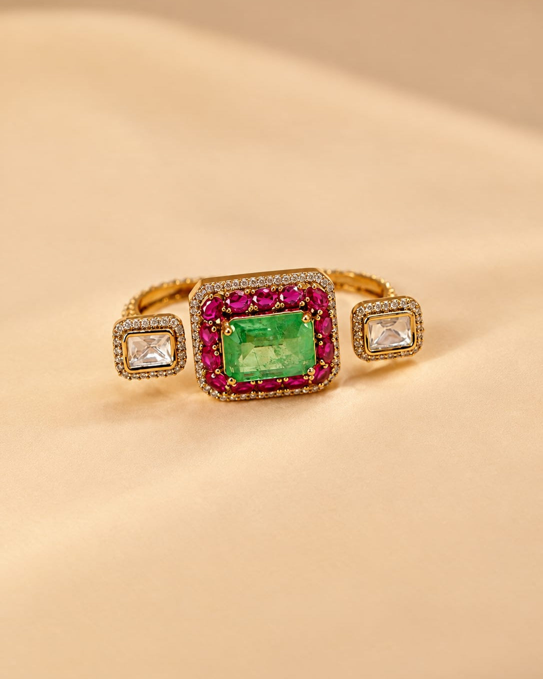 Regal Emerald Green & Pink Statement Ring