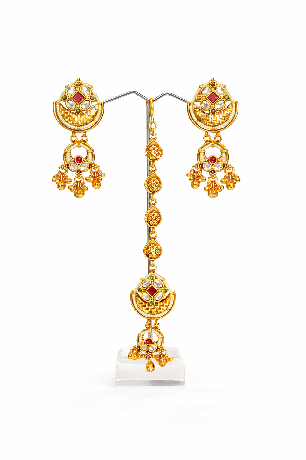Intricate temple pattern layered collar necklace and earrings