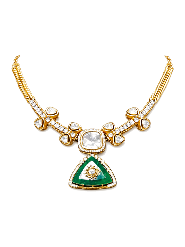 Polki Green Triangle Pendant Elegant Necklace with Earrings