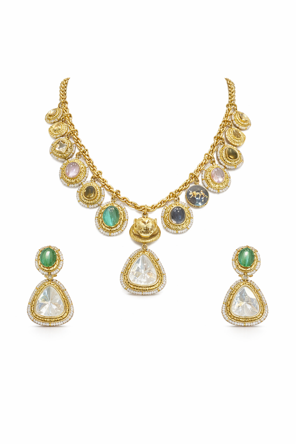 Antique gold multi-gemstone necklace set