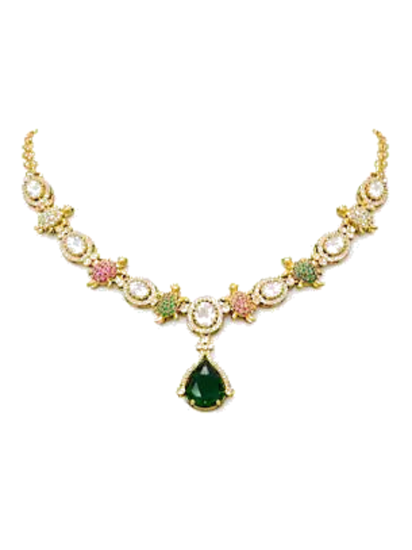 Victorian Emerald Pendant Floral Link Necklace with Earrings