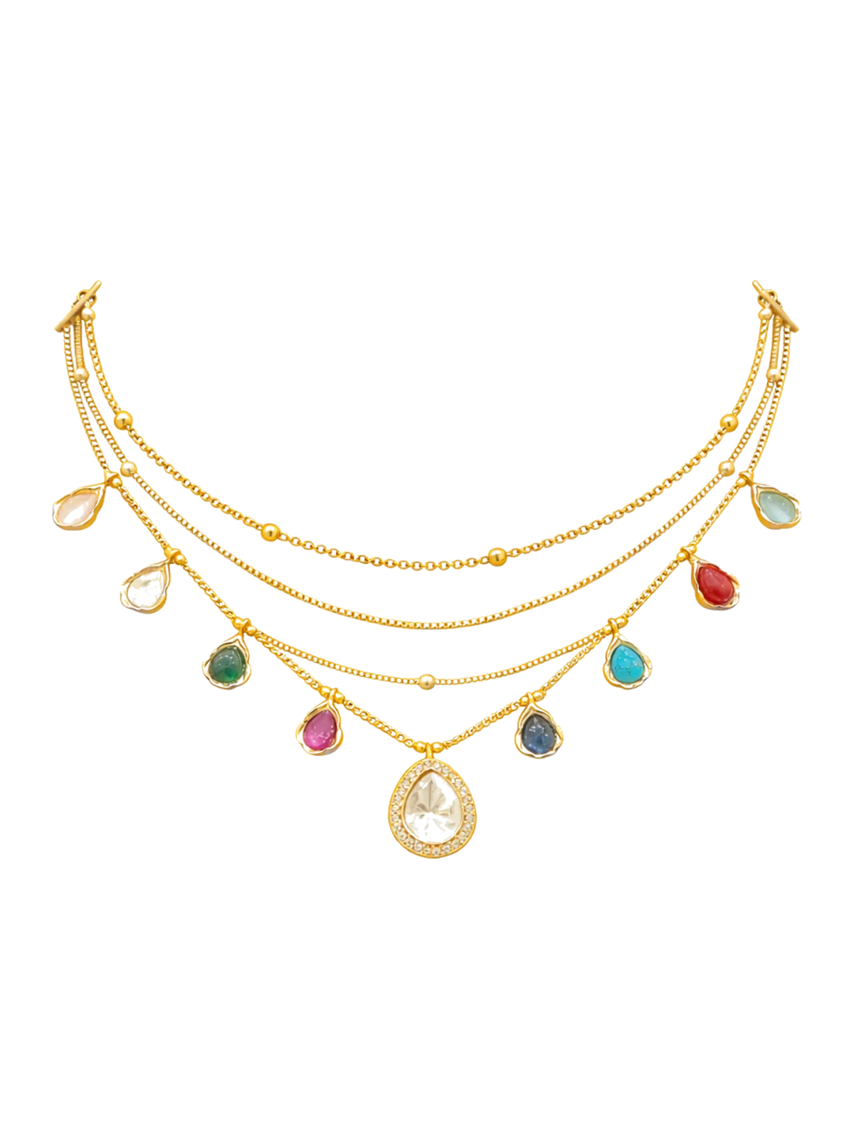 Multicoloured layered gemstone charm necklace set