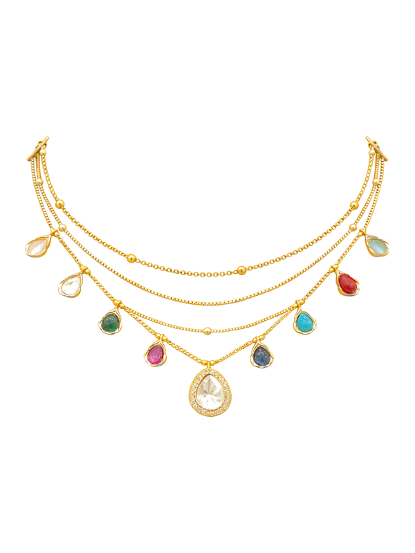 Multicoloured layered gemstone charm necklace set