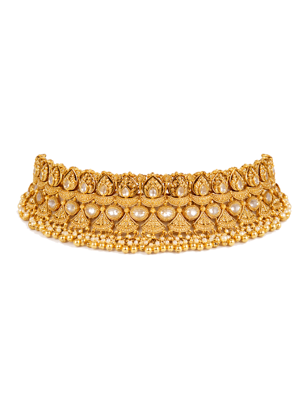 Traditional gold finish polki collar with earrings